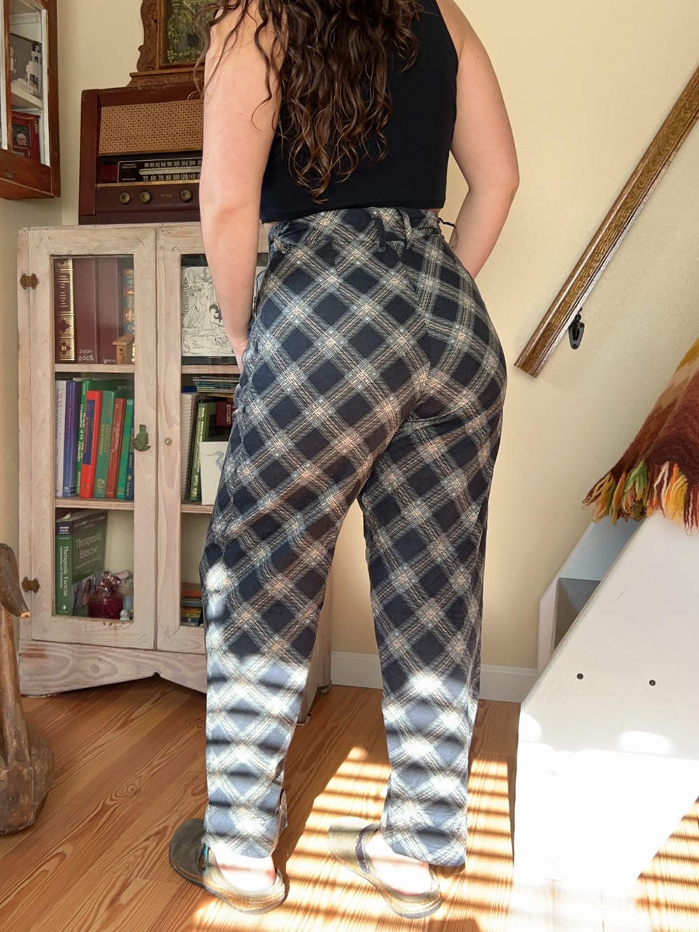 Motel Rocks Navy Plaid Cotton Trousers High Rise Fall Preppy Academia Small